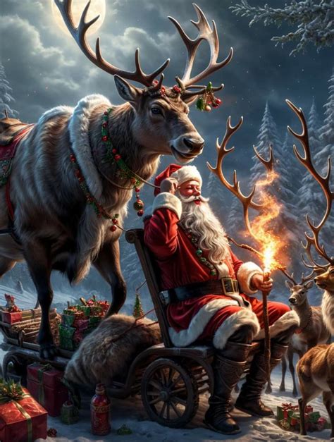 A Santa Claus Sitting In A Chair Next To Reindeers