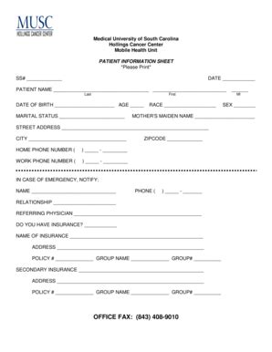 Fillable Online Patient Information Form Musc Health Fax Email Print