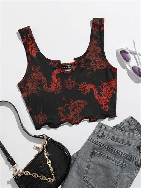 SHEIN Coolane Top Tank Corto Ribete En Forma De Lechuga Con Estampado