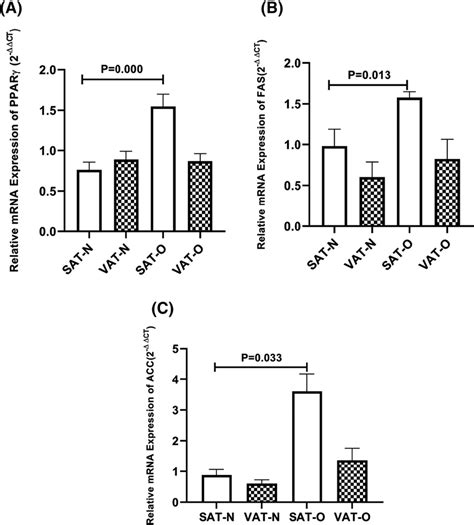 The expression level of PPARγ A FAS B and ACC C in VAT and SAT