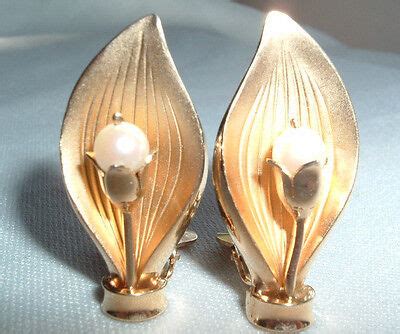 Vintage T2 Signed 120 12k Gold Filled Pearl Flower Leaf Clip On Earrings Ebay