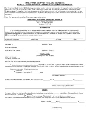 Fillable Online AFFIDAVIT FOR EXEMPTION FROM JURY SERVICE FOR Fax