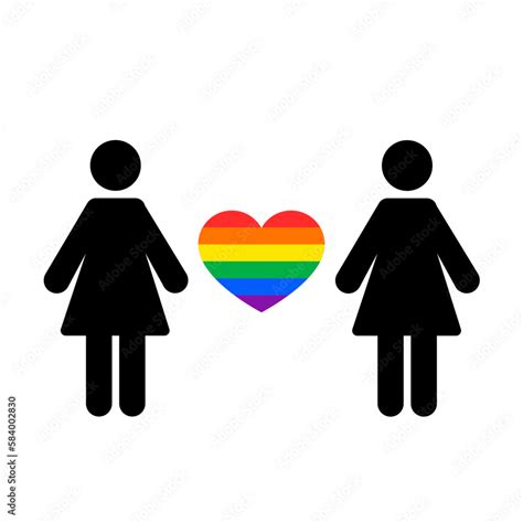 2 Black Silhouettes Of Lgbt Girls Lgbt Icon With Rainbow Heart Vector