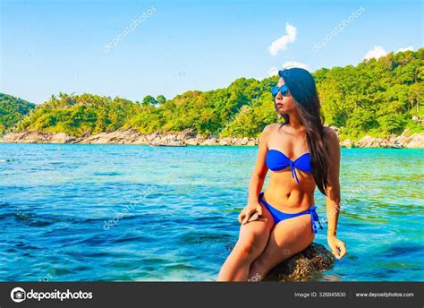 Beautiful Shot Asian Female Model Blue Bikini Sitting Water Mysterious Stock Photo Wirestock