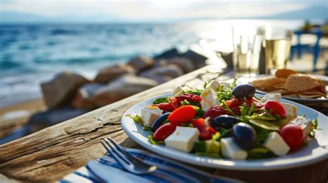 Premium Photo Greek Salad Platter Against A Seaside Cafe