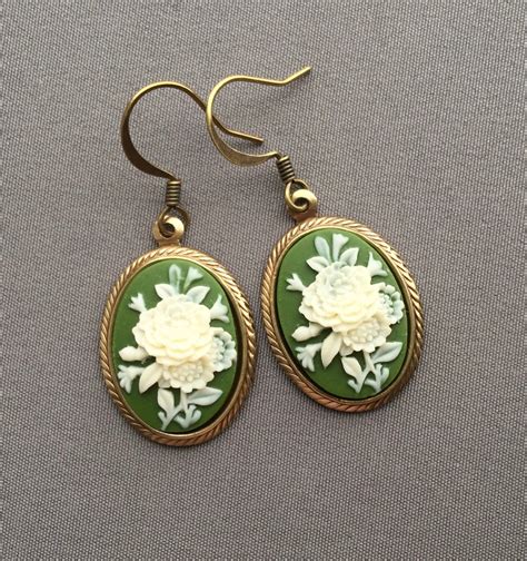 Cameo Earrings Victorian Earrings Flower by SilverTrumpetJewelry