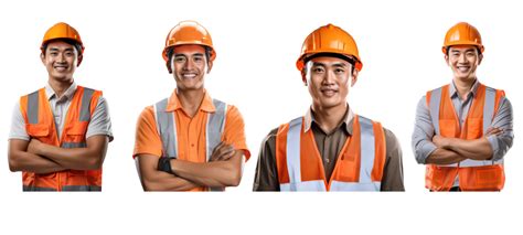 Ai Generated Asian Team Construction Worker In Helmet And Orange Vest