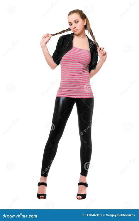 Playful Pretty Young Woman In Black Leggings Stock Image Image Of