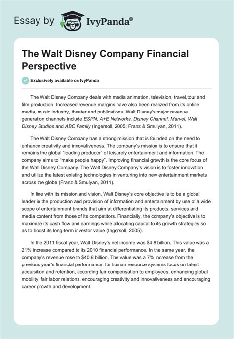 The Walt Disney Company Financial Perspective 945 Words Essay Example