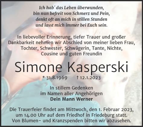 Traueranzeigen Von Simone Kasperski Abschied Nehmen De