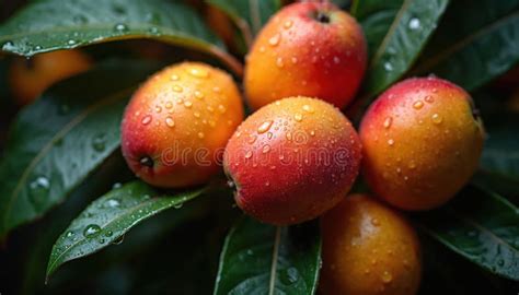 close   ripe loquat fruits  water drops  green leaves summer