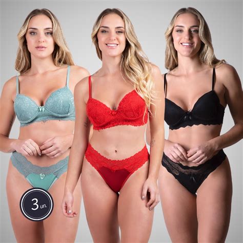 Kit 3 Conjuntos Lingerie Bojo Sensual Microfibra Detalhes Renda Luxo