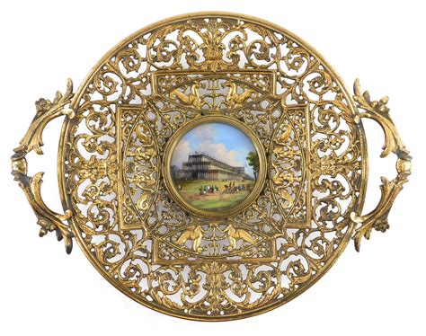 Lot - Reticulated brass centerpiece bowl on foot with hand-painted