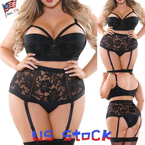 Plus Size Womens Lace Sexy Lingerie Bra Thongs Garter Belt Underwear