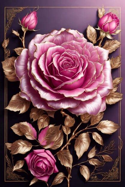 Premium Photo | Pink roses and gold leaves on a purple background