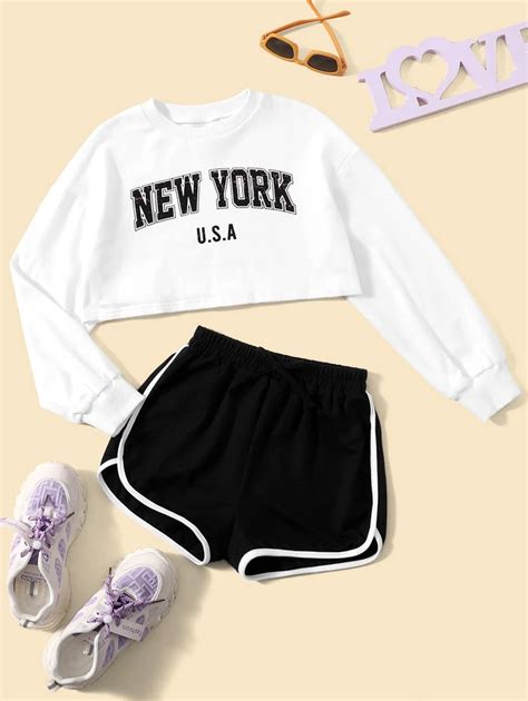 Shein Tween Girl Letter Graphic Tee And Contrast Binding Track Shorts