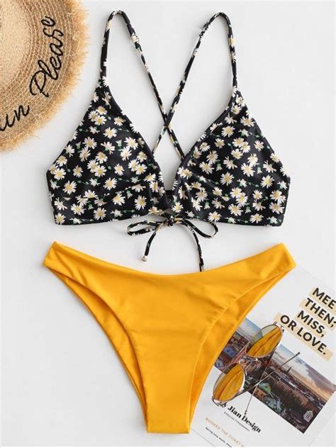 [34 Off] 2021 Zaful Ditsy Floral Cross Lace Up V Wire Bikini Swimsuit