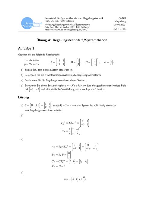 Rt Bung L Sung Lehrstuhl F Ur Systemtheorie Und