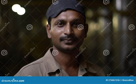 A Smiling Indian Male Factory Worker Standing In Oil Refinery Plant