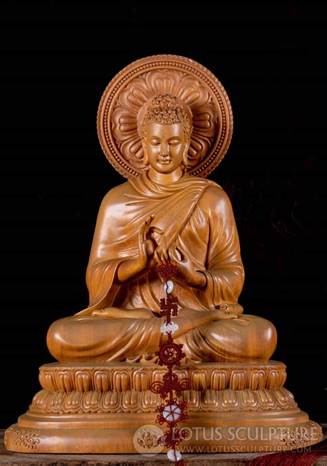 Light Wood Carving Seated Buddha In Dharma Chakra Mudra With Large Halo