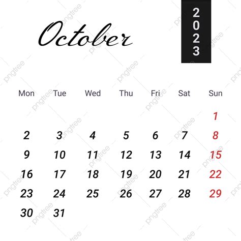 Calendário Preto Simples De Outubro De 2023 Png Outubro Outubro De 2023 Calendário Outubro