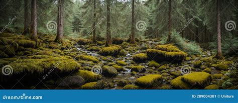 Wilderness Landscape Forest With Pine Trees And Moss On Rocks Stock