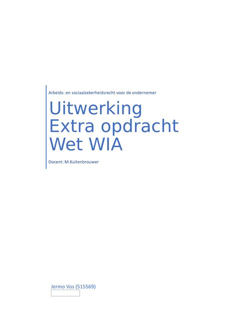 Uitwerking Extra Opdracht Wet Wia Jermo Vos Arbeids En