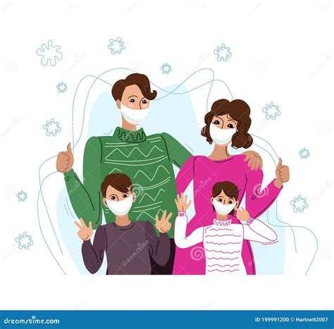 Ilustración Vectorial De Una Familia Con Máscaras Protectoras Unidas