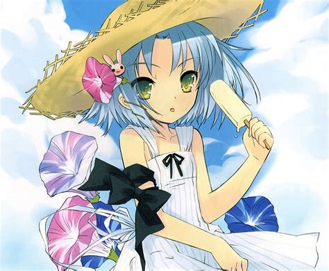 Anime Original Pelo Azul Flor Ojos Verdes Sombrero Helado Cinta