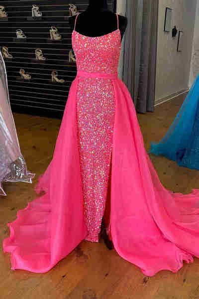 Mermaid Scoop Neck Cross Back Hot Pink Sequin Detachable Train Long