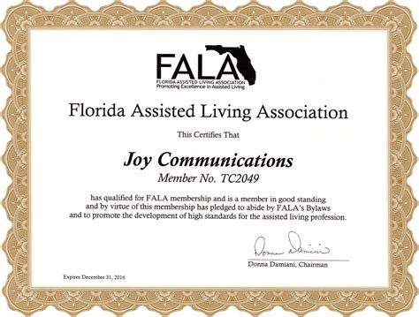 Florida Assisted Living Association (FALA) Member Certificate # TC2049