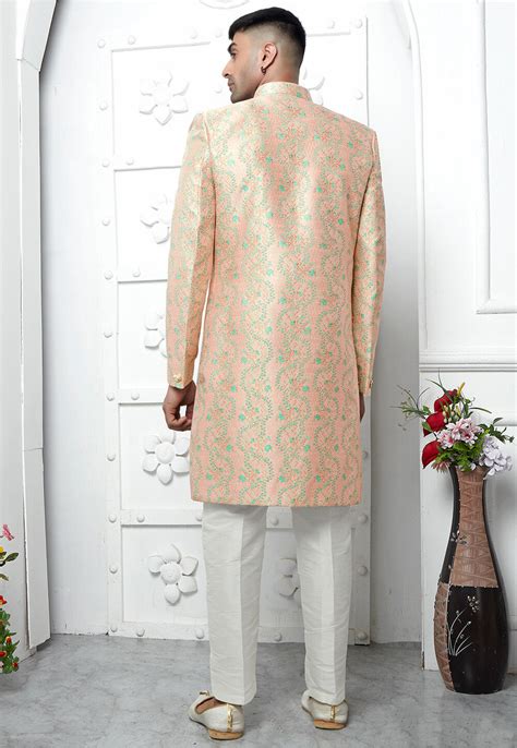 Buy Woven Art Jacquard Silk Layered Sherwani In Peach Online Mly