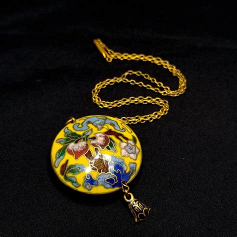 Cloisonn Enamel Pendant Necklace Puffy Pendant Gem