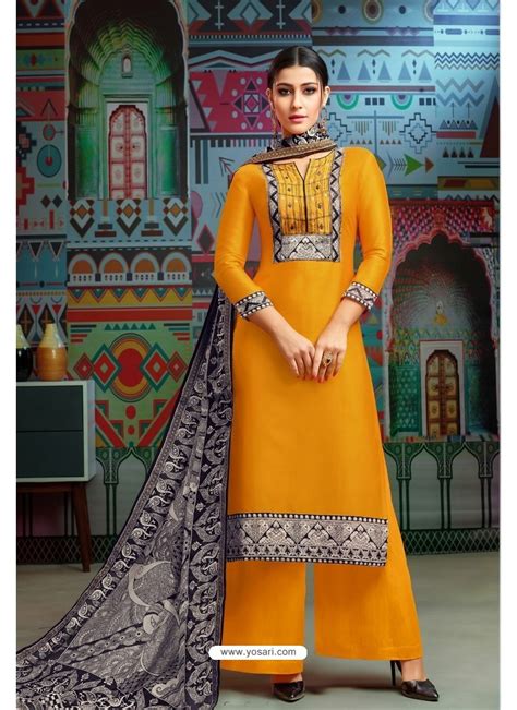 Buy Yellow Modal Chanderi Cotton Embroidered Palazzo Suit Palazzo