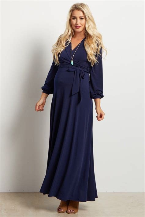 Navy Blue Solid Sash Tie Long Sleeve Wrap Maternity Maxi Dress Blue