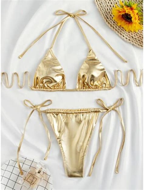 Buy Shein Metallic Micro Triangle Thong Bikini Swimsuit Online Topofstyle