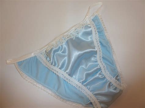 PALE BLUE Shiny SATIN Panties MINI TANGA String Bikini Ivory Lace Made In France EBay