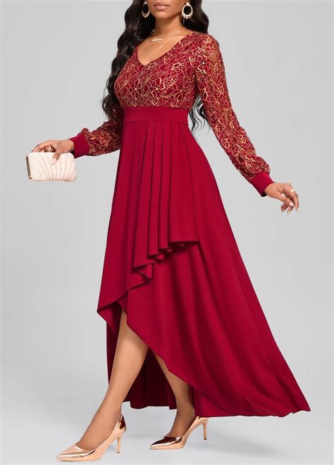 Lace Wine Red High Low Long Sleeve Dress In 2024 Long Sleeve High Low