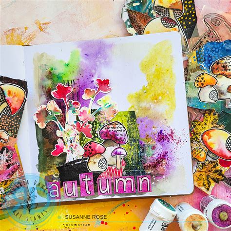 Autumal Art Journal Page With Collage Fodder Embellishments Rubber