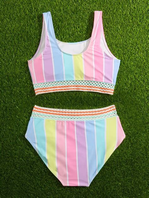 Teen Girls Block Striped Bikini Swimsuit SHEIN USA