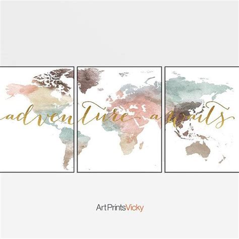 Weltkarte Set Von 3 Drucken Adventure Awaits Triptychon Etsy