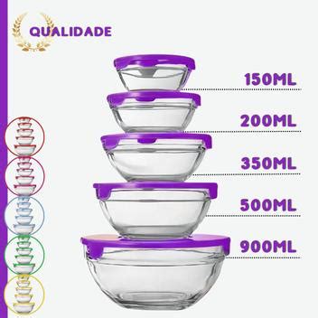 Conjunto 5 Potes Tigelas Vasilhas Bowls Em Vidro Tampa UD Brasil