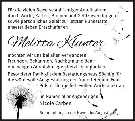 Traueranzeigen von Melitta Klunter Märkische Onlinezeitung Trauerportal