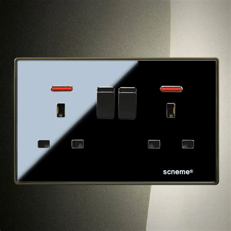 Uk Standard 13a Black Color Glossy Crystal Glass Wall Plate Double Universal Switched Plug