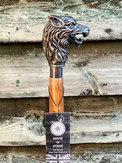 Wolf Head Designer Antique Style Handle Wooden Walking Stick Etsy Uk