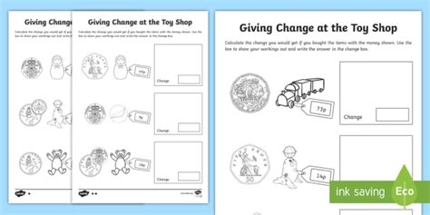 Ks1 Maths Giving Change At The Toy Shop Worksheet Activity