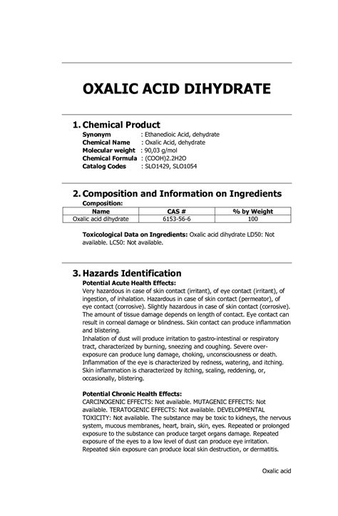 Safety Data Sheet Oxalic Acid Dihydrate Moc Item