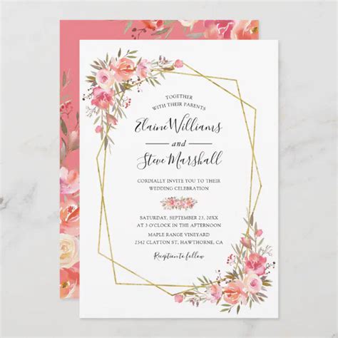 Pretty Blush Pink Floral Gold Frame Wedding Invitation Zazzle