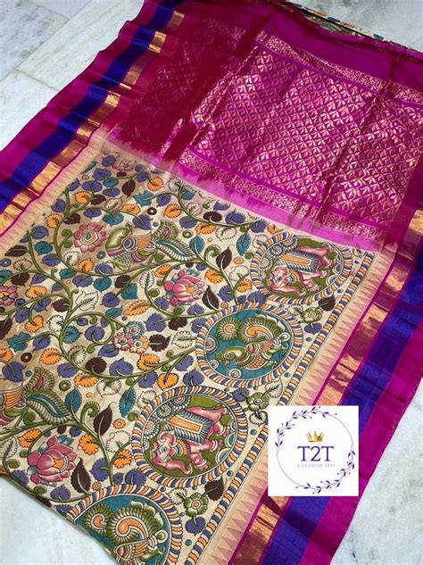 Pen Kalamkari Pattu Sarees With Kanchi Border Pure Silk Pure