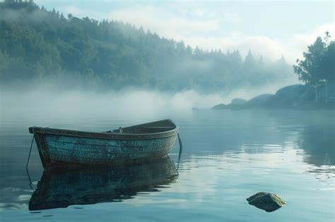 Premium Photo Tranquil Rowboat Floating On A Mistcovered Lake Oc